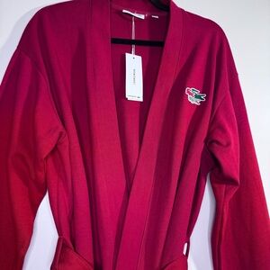Lacoste Red Cotton Blend Bathrobe Crocodile Logo Belted XS S NWT